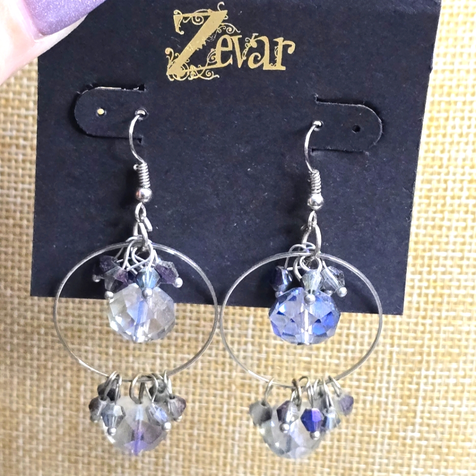Treska Zevar Silver Faceted Glass Bead Hoop Dangle Earrings Grey Blue Fishhook 29$